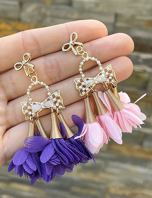 Fashion Purple Alloy Bow Gauze Flower Tassel Earrings