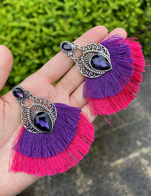 Fashion Purple Alloy Diamond Pattern Waterdrop Tassel Stud Earrings