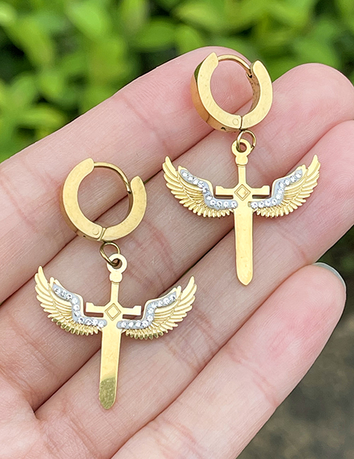 Fashion Gold Titanium Rhinestone Wing Earrings