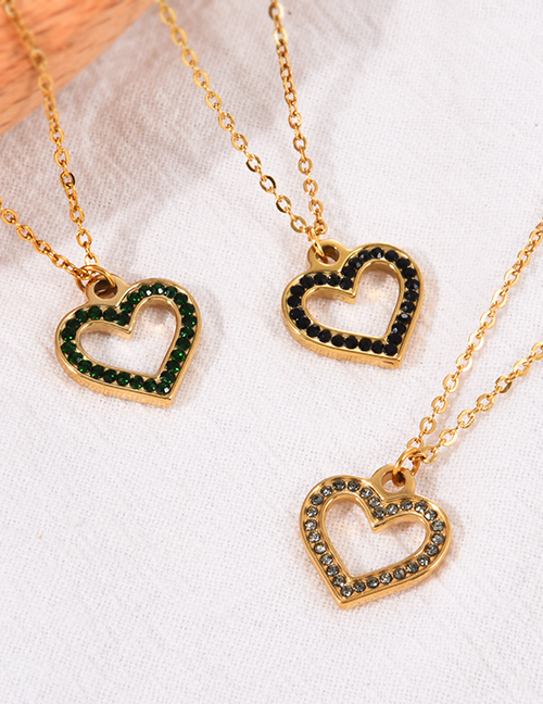 Fashion Dark Green Titanium Steel Zircon Heart Pendant Necklace