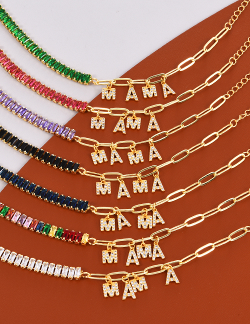 Fashion Color Bronze Zirconium Stitching Chain Letter Mama Pendant Bracelet