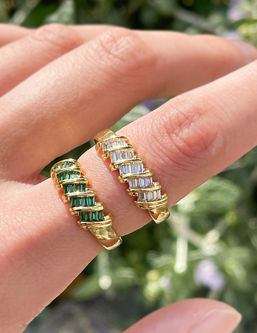 Fashion Green Copper Set Zircon Geometric Ring