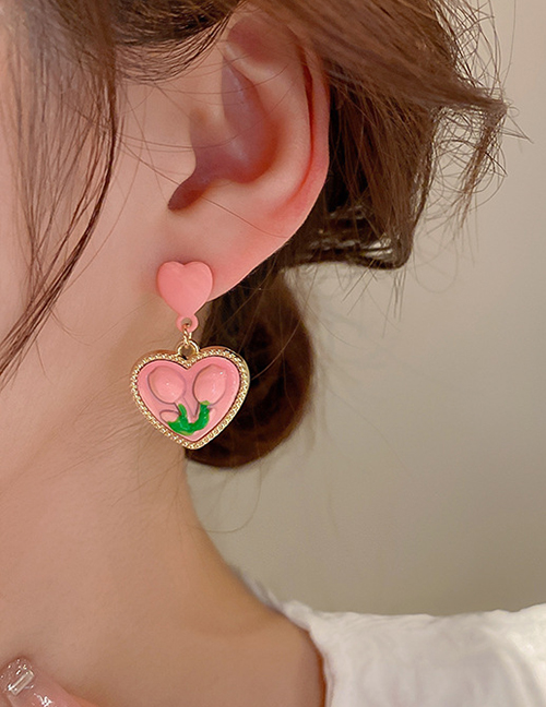 Fashion Pink Alloy Flower Heart Stud Earrings
