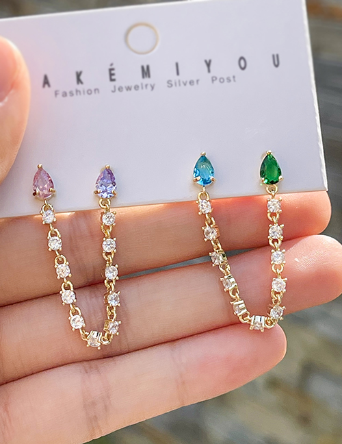 Fashion Color Set Of 4 Copper Inlaid Zircon Drop Stud Earrings