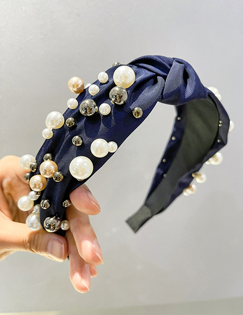 Fashion Navy Blue Fabric Pearl Knotted Headband
