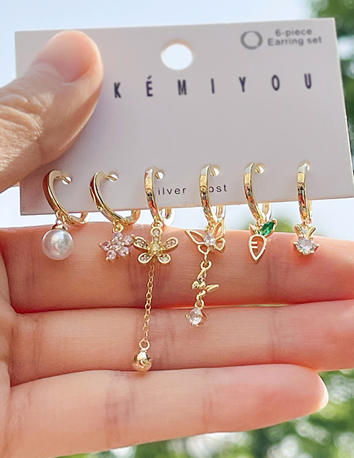 Fashion Gold Set Of 6 Copper Inlaid Zircon Pearl Flower Butterfly Earrings