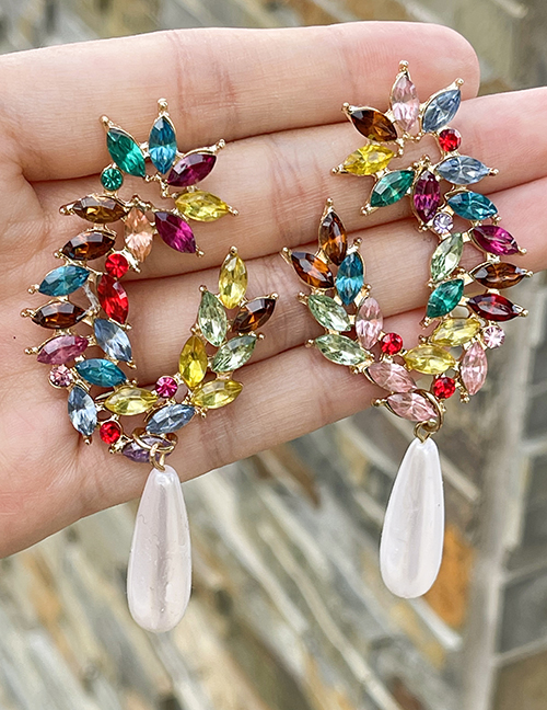 Fashion Color Alloy Diamond Water Drop Flower Pearl Pendant Stud Earrings