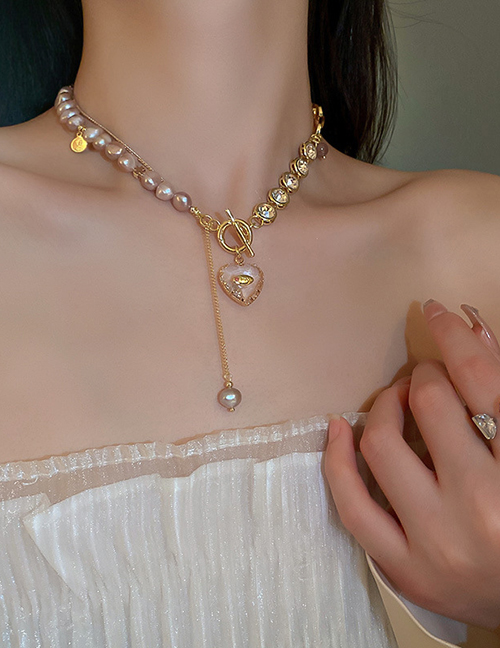 Fashion Necklace--gold Alloy Pearl And Diamond Heart Chain Necklace