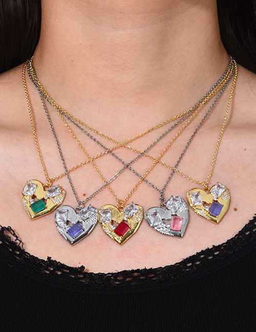 Fashion Gold + Pink Bronze Zircon Heart Pendant Necklace