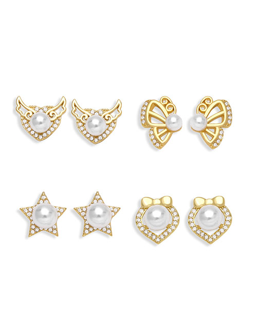 Fashion A Brass Diamond And Pearl Wings Heart Stud Earrings