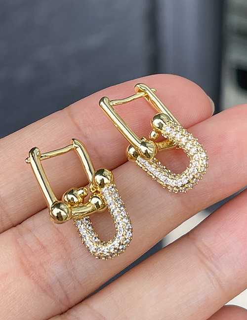 Fashion Gold Copper Set Zircon U Shape Stud Earrings