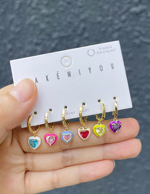 Fashion Color 6-piece Set Of Copper Inlaid Zircon Drip Oil Heart Earrings