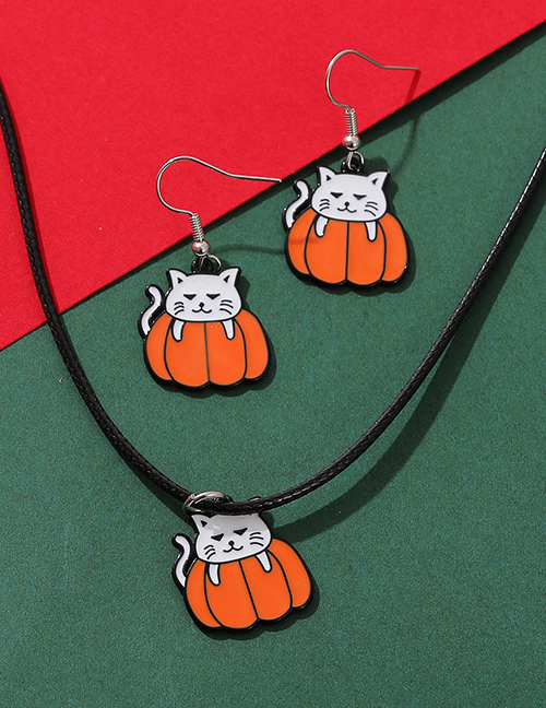 Fashion Silver Alloy Drip Oil Halloween Pumpkin Cat Necklace And Earrings Set