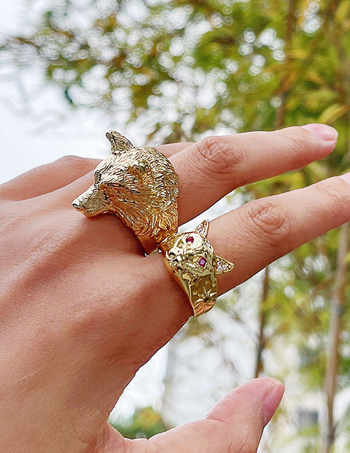 Fashion Golden-2 Copper Inlaid Zirconium Panther Head Ring