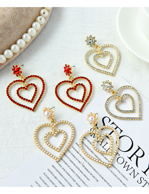 Pendientes De Botón De Aleación De Diamantes Con Perlas Huecas De Doble Corazón