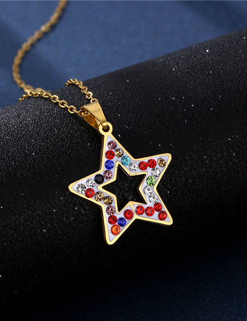 Fashion Gold Color Stainless Steel With Colored Diamonds Five-pointed Star Necklace