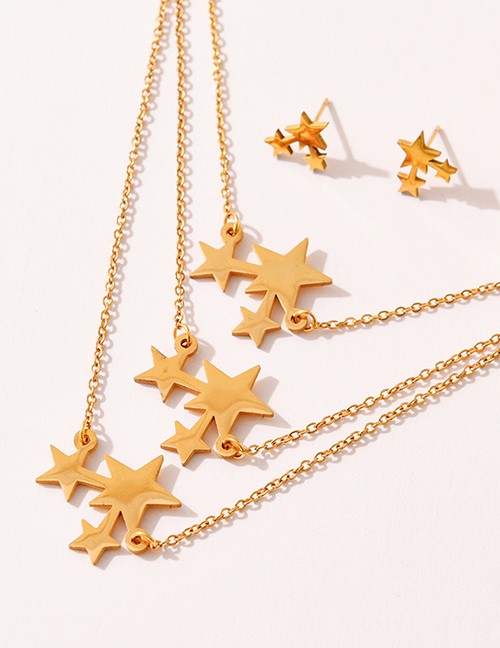 Fashion Gold Titanium Steel Multi-layer Five-pointed Star Necklace And Earrings Set