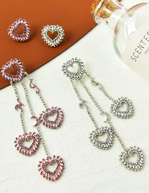 Fashion Pink Alloy Diamond Love Heart Tassel Asymmetrical Earrings