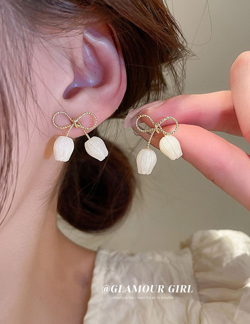 Fashion 1# Rose Flower Geometric Pearl Flower Bow Stud Earrings