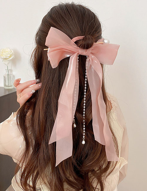 Fashion Hairpin - Pink Fabric Pearl Fringed Mesh Bow Hairpin