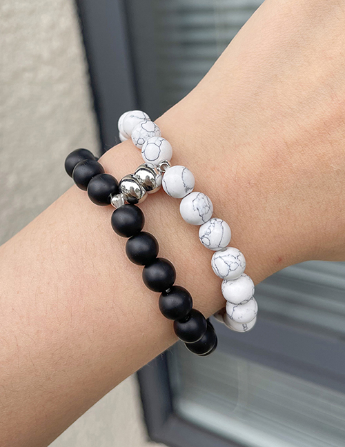 Fashion Black And White Natural Stone Beaded Titanium Steel Magnetic Bracelet