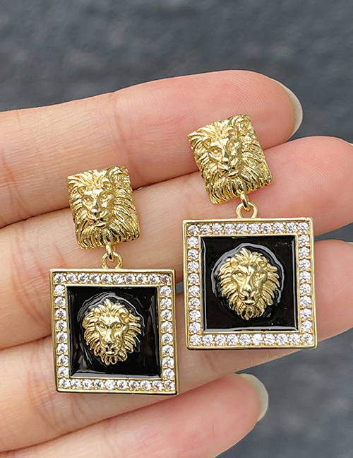 Fashion Black Bronze Zirconium Drip Oil Square Lion Stud Earrings