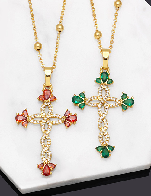 Fashion Red Brass Diamond Cross Necklace