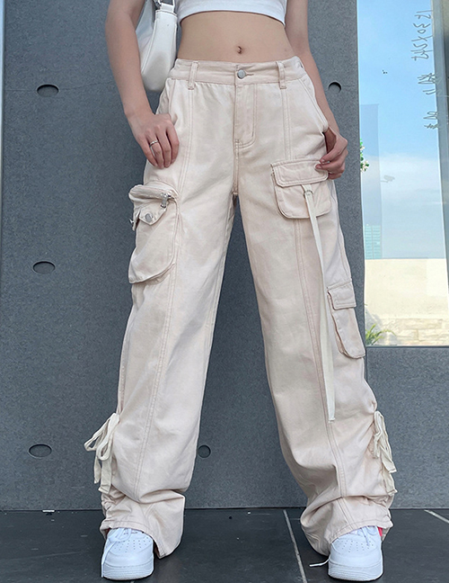 Fashion Color Gathered Tie High-rise Multi-pocket Cargo Jeans
