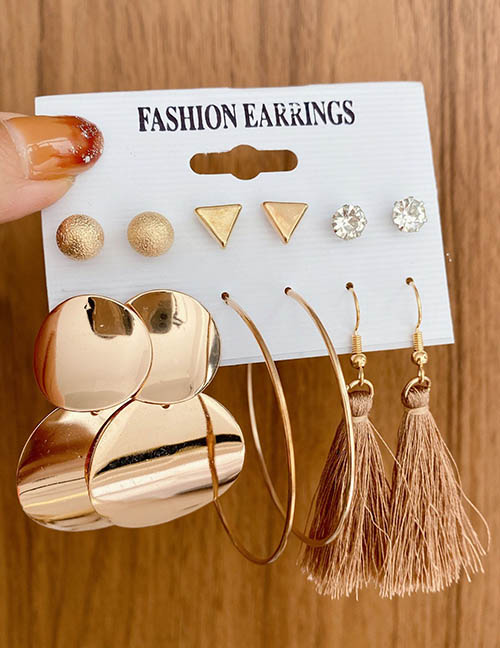 Fashion Gold Alloy Diamond Triangle Large Disc Fringe Earring Set