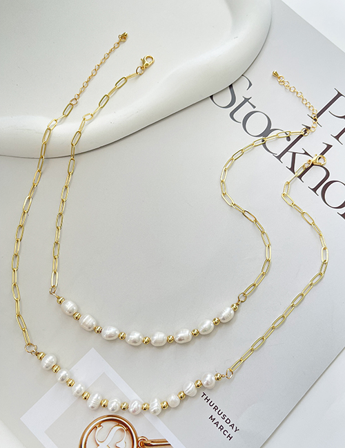 Fashion Gold Bronze Zirconium Pearl Beaded Chain Necklace