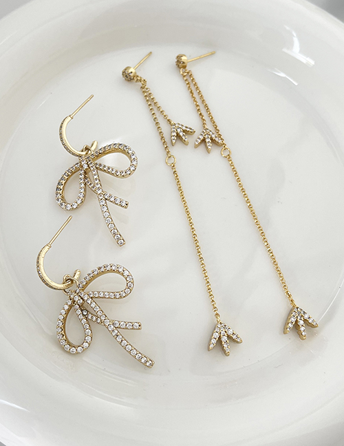 Fashion Gold Brass Zircon Bow Earrings