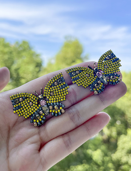 Fashion Yellow Alloy Diamond Butterfly Stud Earrings