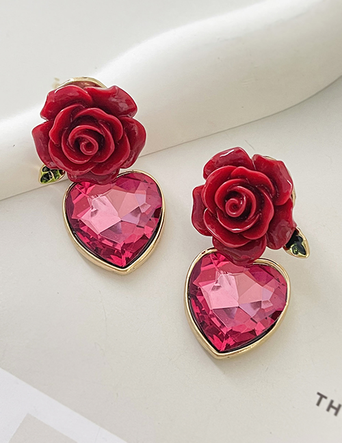 Fashion Red Alloy Diamond Heart Resin Flower Stud Earrings