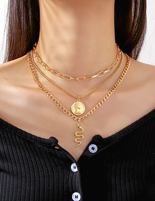 Fashion Gold Alloy Snake Figure Round Plate Multilayer Necklace