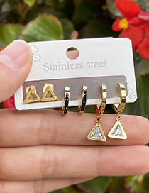 Fashion Gold Titanium Steel Inlaid Zirconium Triangle Earrings Set