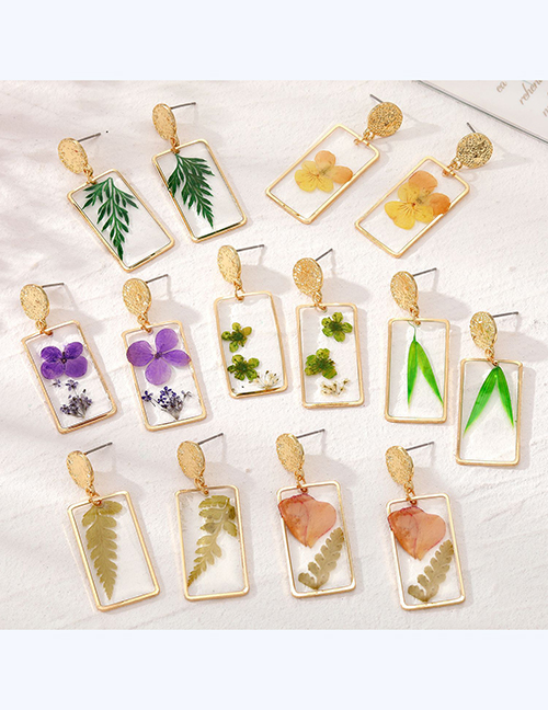 Fashion 1# A Piece Of Grass Resin Dried Flower Rectangle Earrings