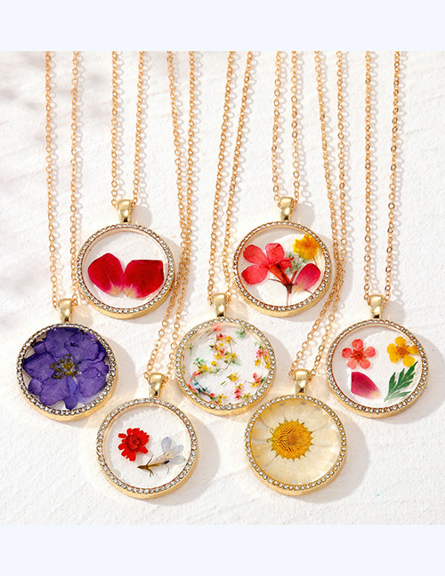 Fashion 1# Color Small Floral Alloy Dried Flowers And Diamonds Round Necklace