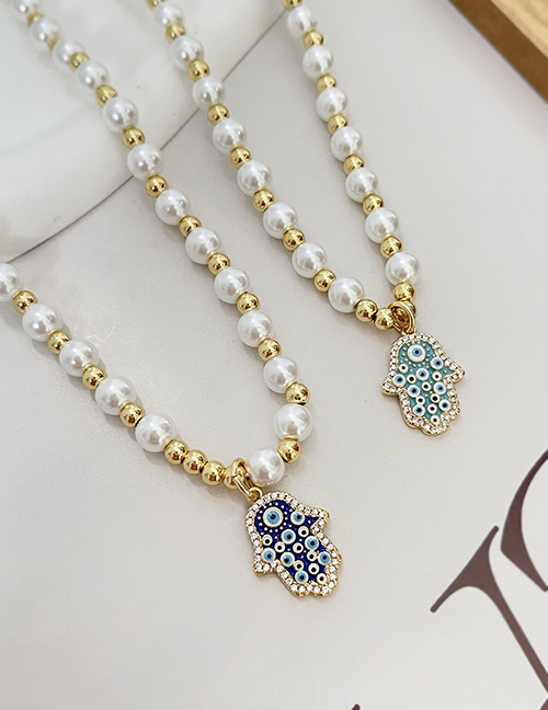 Fashion Lake Blue Copper Set Zircon Drop Oil Palm Eye Pearl Pendant Beaded Necklace
