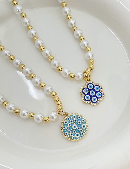 Fashion Navy Blue Bronze Zircon Drop Oil Flower Eye Pearl Pendant Beaded Necklace