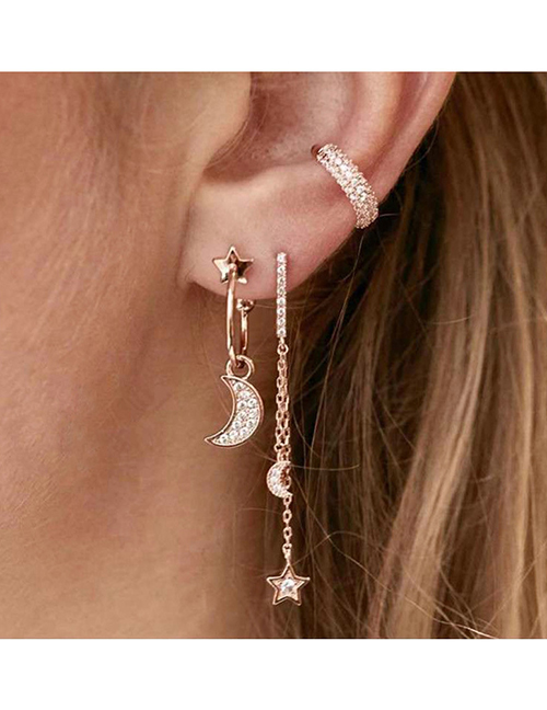 Fashion Gold Alloy Diamond Star And Moon Geometric Earrings Set