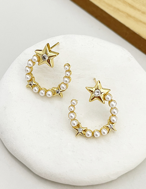 Fashion Gold Bronze Zirconium Pentagram Pearl C-shaped Stud Earrings