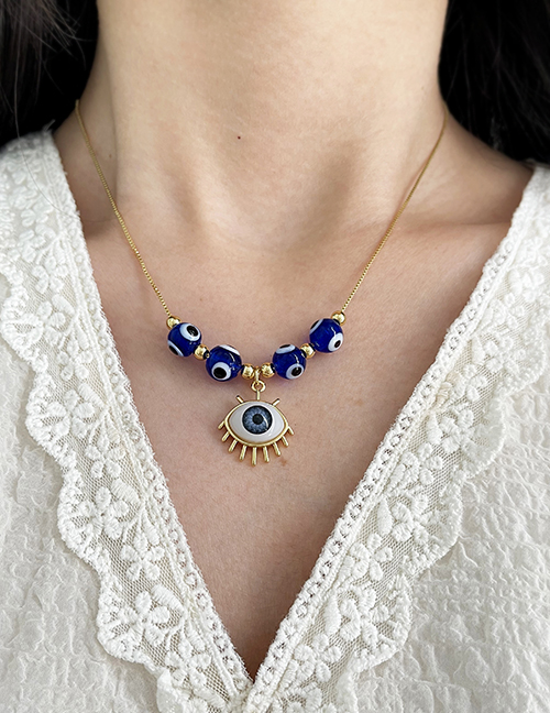 Fashion Blue Copper Resin Eye Pendant Beaded Necklace