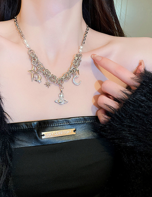 Fashion Necklace - Silver Copper Diamond Planet Moon Chain Necklace