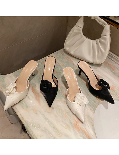 Fashion White Flower Baotou Half Drag Stiletto Sandals