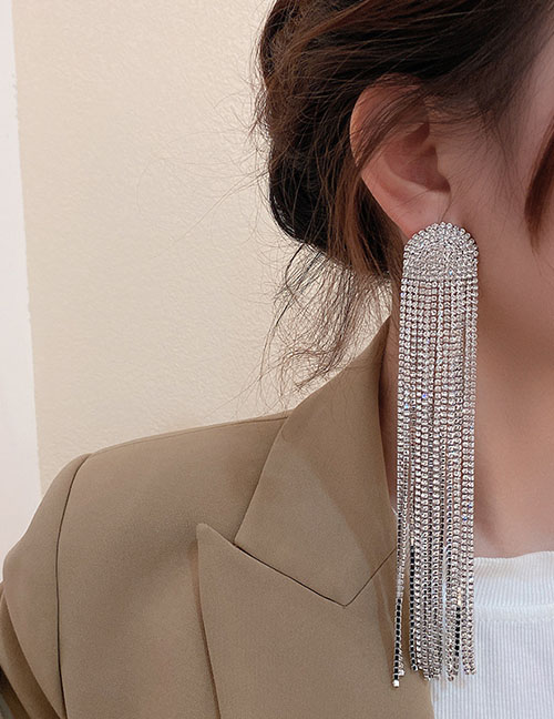 Fashion Silver Needle. Gold Alloy Diamond Tassel Earrings