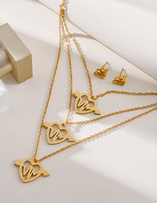 Fashion Gold Titanium Steel Ecg Heart Multilayer Necklace Earrings Set