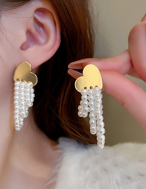 Fashion Gold (tassel) Alloy Shiny Love Pearl Tassel Earrings