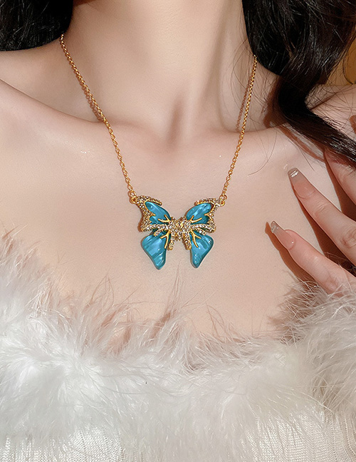 Fashion Blue Alloy Diamond Butterfly Necklace