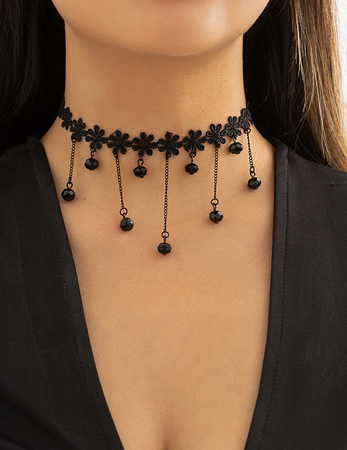 Fashion Black Lace Flower Crystal Tassel Necklace