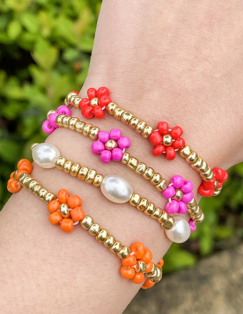 Fashion Color Rice Bead Flower Alloy Beaded Pearl Bracelet Set